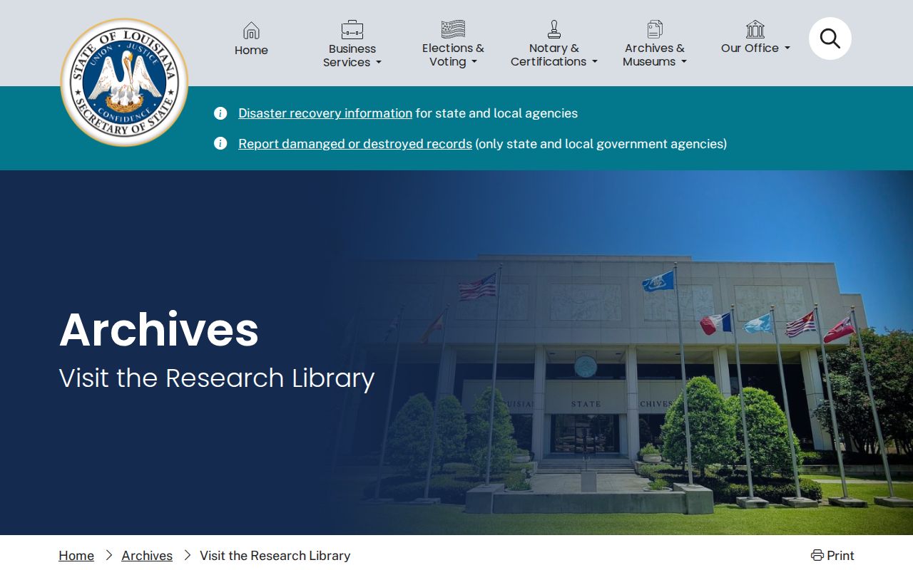 Louisiana State Archives research library access page for historical Metairie records