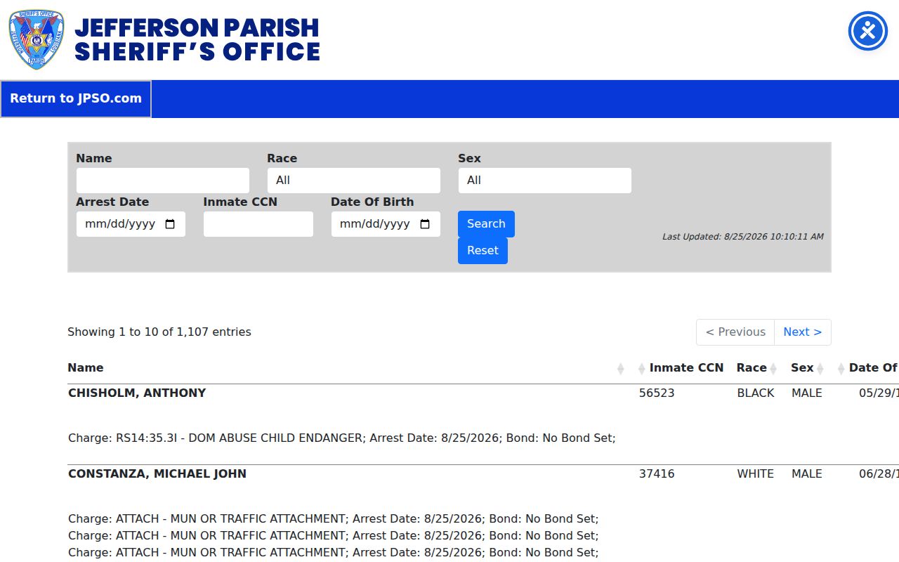 Metairie resident lookup Jefferson Parish inmate search